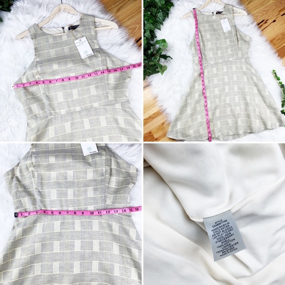 Cut-out Back Cotton Cream Gray Checked Dress Flare - Picture 6 of 9